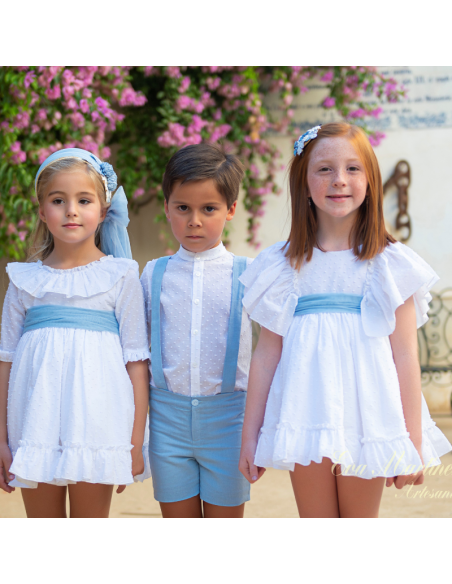 Vestido plumeti mangas y volante cuello. Eva martinez